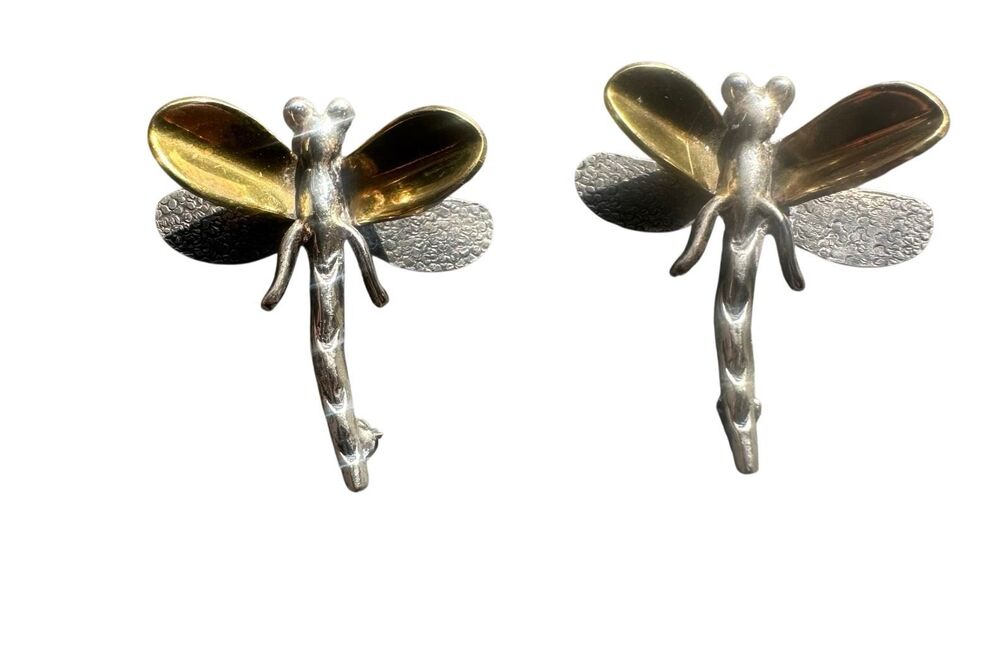 LATON 925 Mexico Vintage Sterling Silver & Brass Dragonfly Brooch/pins (2)